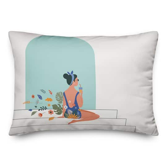 Girl Sipping On Steps 14&#x22; x 20&#x22; Throw Pillow